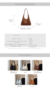 Detaillierte Größentabelle und Materialdetails für minimalistische PU-Tragetaschen