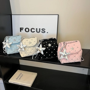 Quilted rhinestone crossbody bags in four colors with star pendants and metal chain straps