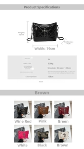 Detailed size guide and color comparison for quilted crossbody bag with cross charm