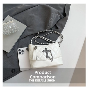 Detail of white quilted crossbody bag with gothic cross and skull charms decoration