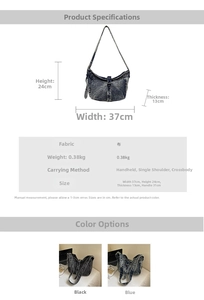 Detailed size chart and fabric specs for large capacity vintage denim tote bag