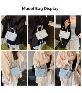 Detail of light blue jacquard mini bucket bag shown with various fashion outfits