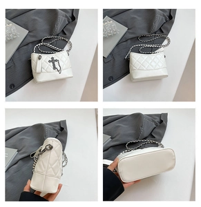 Detailed four-view display of a white quilted crossbody bag with metal cross and chain