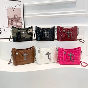 Cross-decorated quilted hobo bags with chains in six various colors and textures