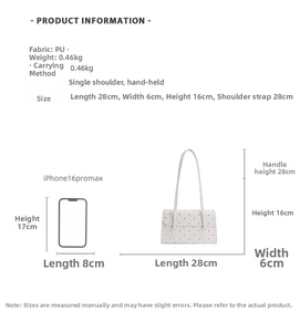Detailed size chart for the PU leather polka dot shoulder bag with dimension specifications