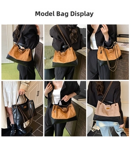 Vue multi-angle d'un grand sac cabas avec détails matelassés et chaînes porté par un mannequin