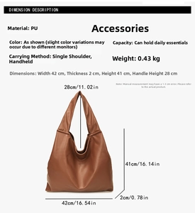 Detailed size specifications for the large brown PU leather tote bag with handle measurements