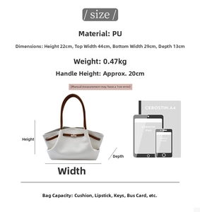 Detailed dimensions of the white tote bag with brown handles and capacity comparison