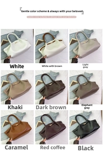 Nine-grid display of large leather tote bags in various colors with gold metal clasps