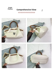 Detailed views of a white lychee grain leather tote bag with brown handles and straps