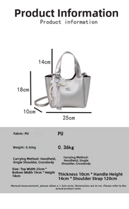 Detailed size specification for silver textured PU tote bag with dimensions and strap info