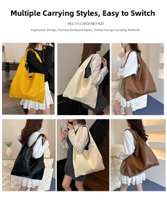 Showcasing four colors of large-capacity leather tote bags worn in different styles