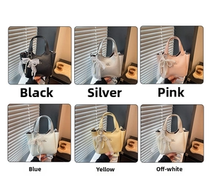 Collage of mini bucket bags in six colors with lace bows and pearl charms