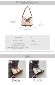 Size guide for PU bucket bag with bow detail showing dimensions 23x20x7cm and brown black colors
