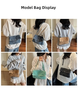 Detailed views of multi-color denim crossbody bags showing the back and side profile