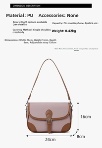 Detailed dimension guide for pink and brown PU leather crossbody bag with size markings