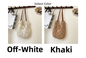 Detailed knit pattern on straw tote bags in beige and khaki with leather handles