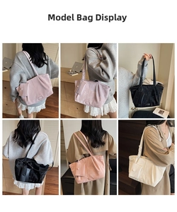 Collage de modelo con bolso tote minimalista en cinco colores suaves para uso diario
