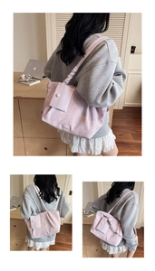 Detalle del bolso tote lavanda con asa trenzada y un pequeño monedero a juego adjunto