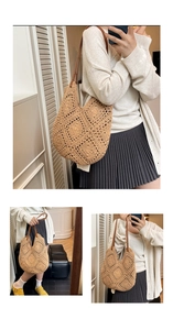 Close-up of geometric hollow knit texture and brown leather strap on a beige woven bag