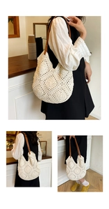 Detailed macro view of beige crochet hobo bag with hollow knit patterns and brown leather strap