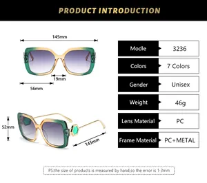 Detailed size chart for square frame metal sunglasses showing dimensions and PC lens specs