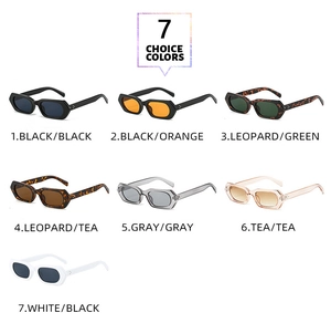 Collage of retro square sunglasses in seven colors including black and tortoise shell