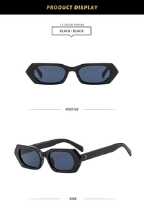 Front and side view of square black sunglasses with metallic dot temple accents