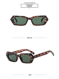 Front and side view of leopard print square sunglasses with dark green lenses