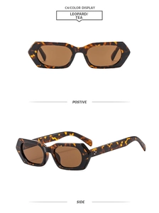 Detail of retro square leopard print sunglasses with tea lenses and metal rivet accents