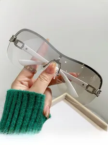 Close-up of frameless Y2K sunglasses featuring gradient grey lenses and white temples