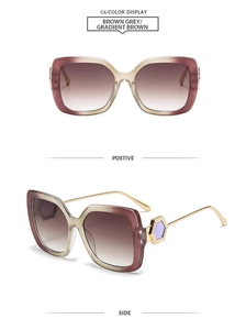 Detail view of square gradient brown sunglasses with gold temples and purple hex accents