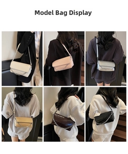 Collage of chic shoulder bags with thick silver chain in six vibrant colors on models