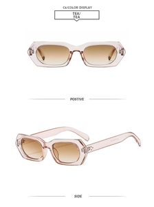 Detail view of pink rectangular sunglasses with tea gradient lenses and sleek frame design