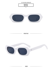 Detailed views of white square retro sunglasses with metal rivets and dark lenses