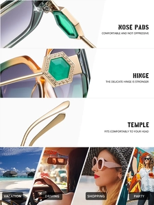 Macro detail of sunglasses showing reinforced metal hinges with green gemstone and Greek key motif