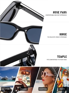 Detail of square sunglasses with metal hinges and rivets for travel and driving