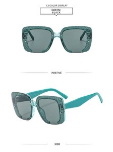 Détails des lunettes de soleil carrées à paillettes bleu sarcelle et verres gris foncé