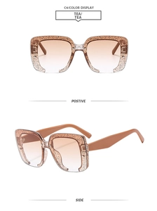 Détails de lunettes de soleil carrées thé avec paillettes et verres dégradés
