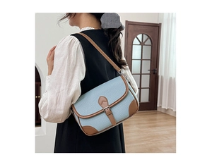 Detail of light blue pebble leather square bag with brown trim and silver buckle