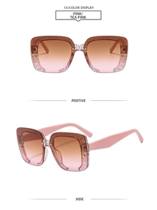 Vue détaillée des lunettes de soleil Y2K carrées demi-cerclées avec paillettes roses