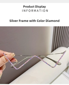 Detail of silver half-frame glasses with colorful rhinestones and metal chain design