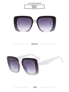 Vue détaillée de lunettes carrées blanches avec verres dégradés violets et rivets métal