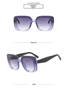 Vue détaillée des lunettes de soleil carrées à demi-monture avec paillettes violettes