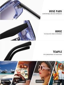 Détail macro du cadre violet scintillant et scènes de vie pour ces lunettes de soleil Y2K