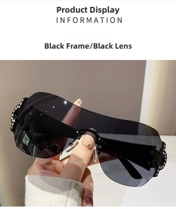 Close-up of sparkling rhinestones on black Y2K rimless sunglasses temples