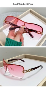 Detailed close-up of Y2K square sunglasses with gold metal chain arms and gradient pink lenses