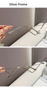 Detailed view of silver half-rim glasses frames with metal chain temples and rhinestones