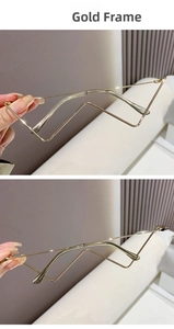 Detail view of the lightweight gold semi-rimless metal eyewear frame with chain accents
