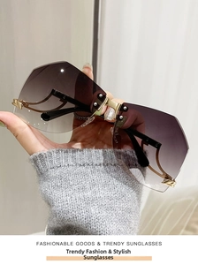 Macro detail of rimless Y2K sunglasses featuring polygon cut edges and gradient lenses